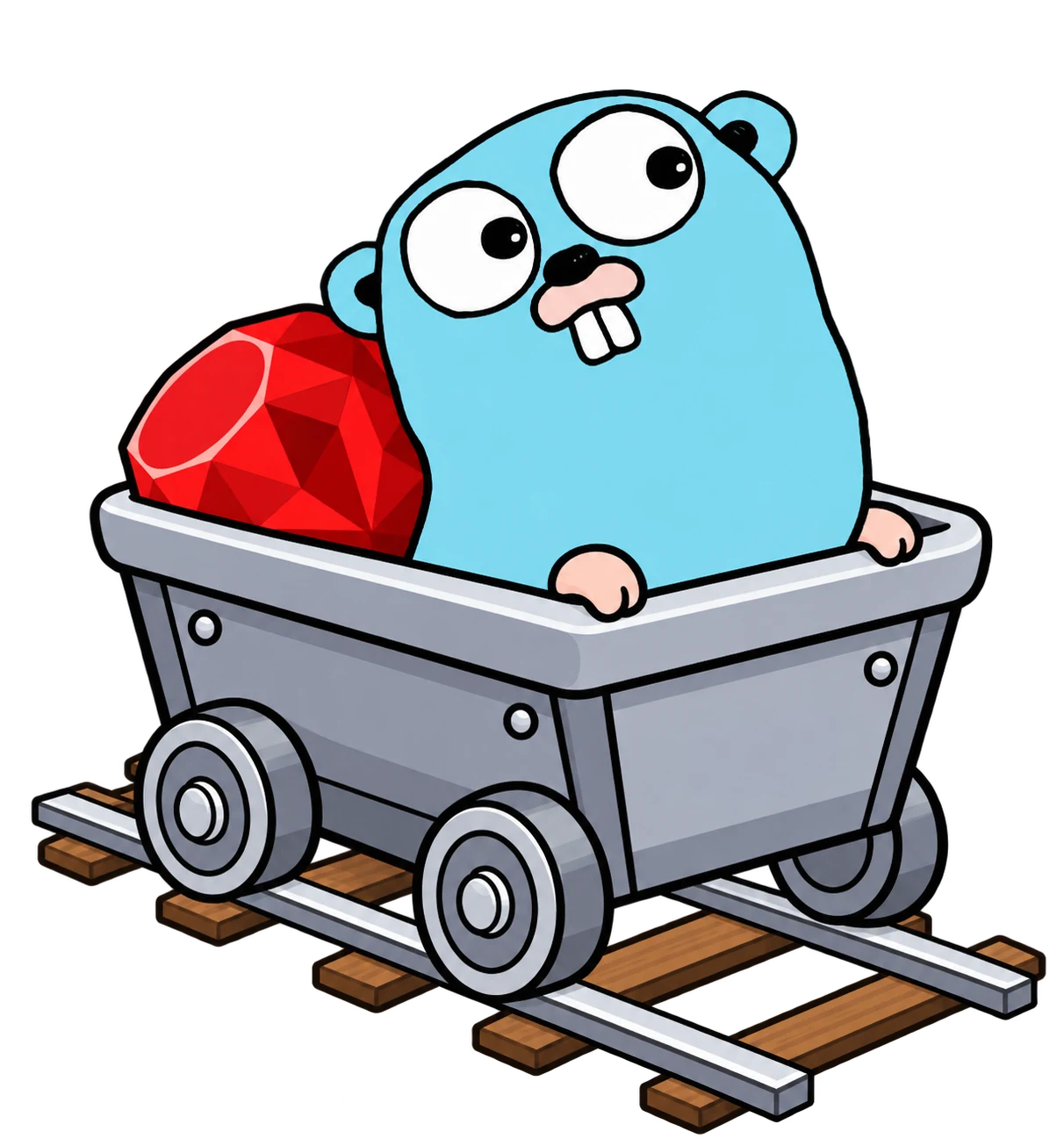 The Bogie mascot: a gopher riding a mine cart on rails, with a ruby beside it